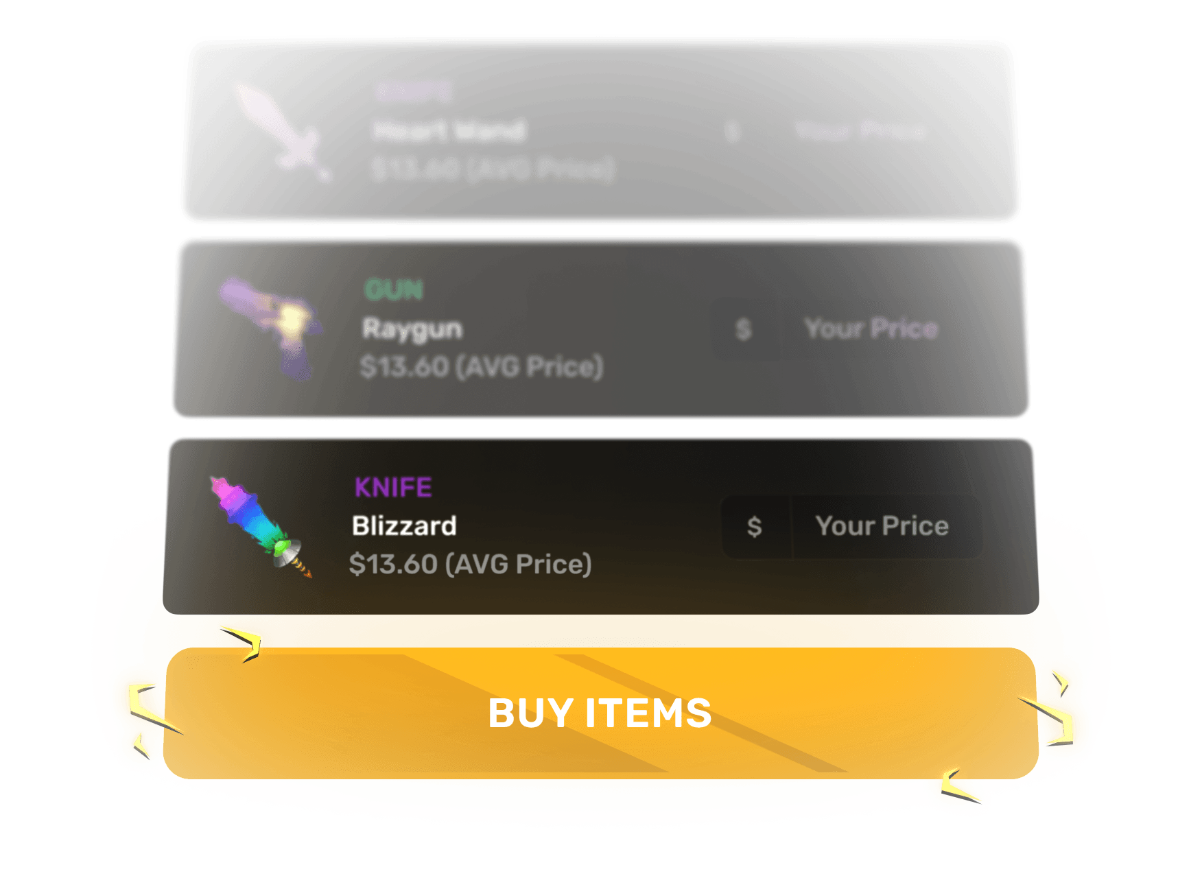 3 cards with items, one of them is selected