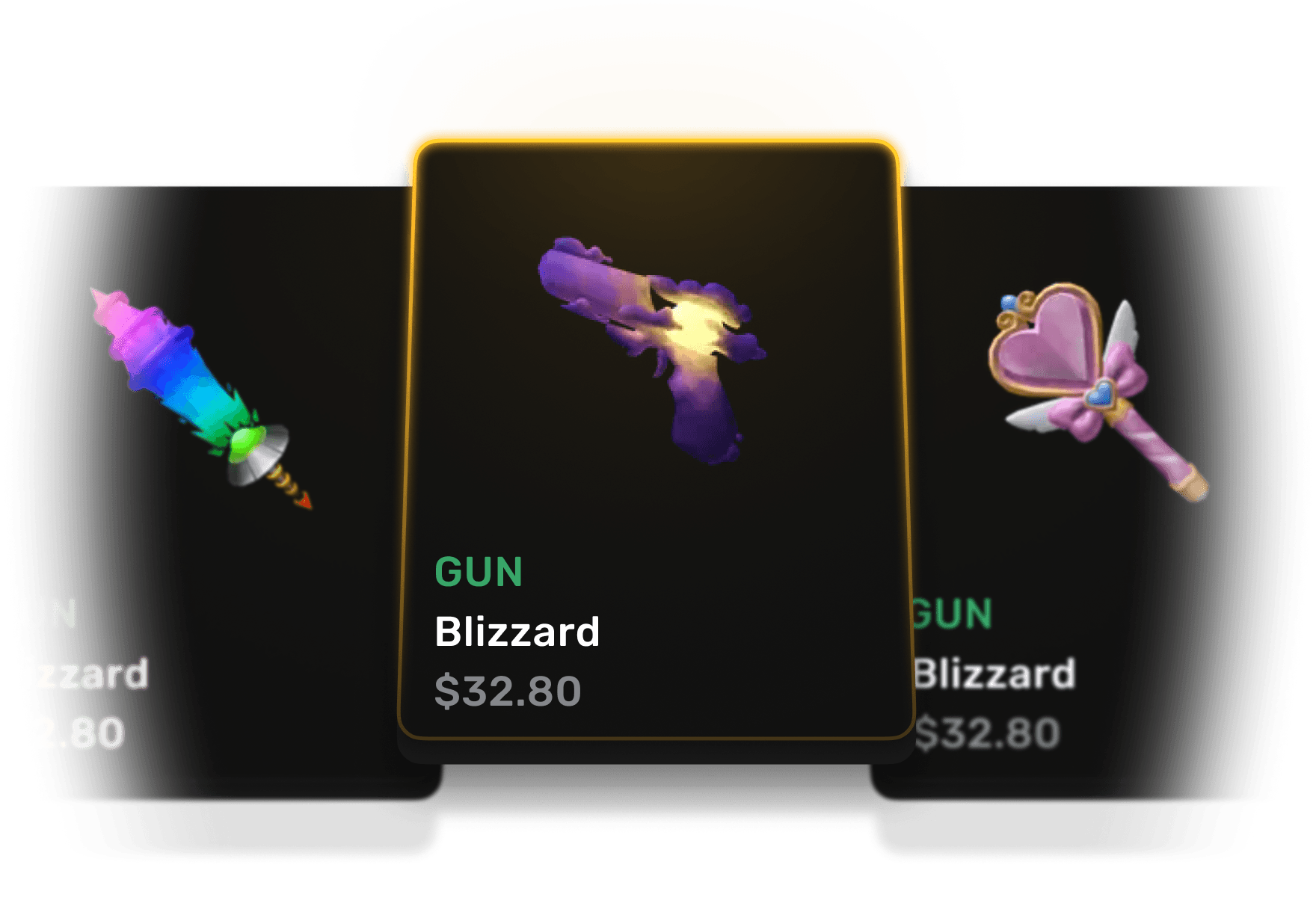 3 cards with items, one of them is selected